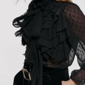 Zara Black Sheer Swiss Dot Long Sleeve Ruffle Blouse Sz L